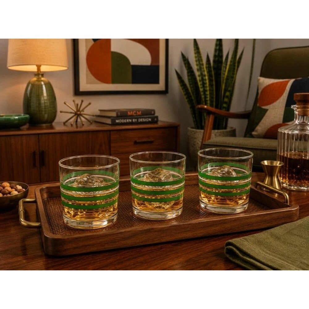 Set of 3 MCM Clear Glass Whiskey Rocks Tumblers Stripes 6 oz